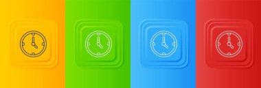 Renkli arkaplanda beyaz saat simgesi izole edildi. Zaman sembolü. Kare düğmelere simgeleri yerleştir. Vektör.