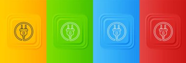 Beyaz Elektrik tıkacı simgesi renkli arkaplanda izole edildi. Bağlantı kavramı ve elektriğin kesilmesi. Kare düğmelere simgeleri yerleştir. Vektör.