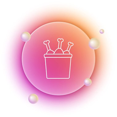 Beyaz arka planda izole edilmiş paket kutusundaki beyaz tavuk bacağı. Tavuk budu. Turuncu ve pembe eğimli çember arka planı. Vektör.