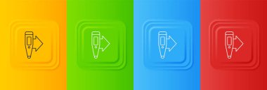 Tıbbi muayene ikonu için beyaz tıbbi dijital termometre renkli arkaplanda izole edilmiş. Kare düğmelere simgeleri yerleştir. Vektör.