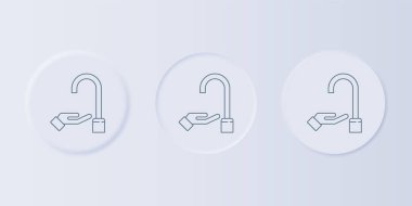 Gri arka planda sabun ikonu olan gri yıkama elleri. Virüs ve bakterileri önlemek için ellerini sabunla yıkıyorsun. Kare düğmelere simgeleri yerleştir. Vektör.