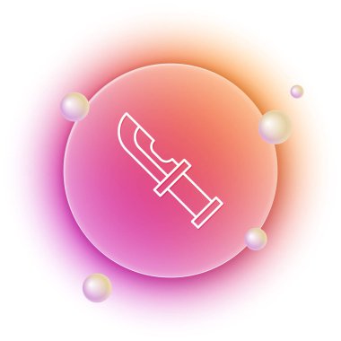 Beyaz arka planda beyaz avcı bıçak ikonu var. Ordu bıçağı. Turuncu ve pembe eğimli çember arka planı. Vektör.