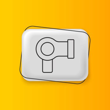 Sarı arkaplanda siyah saç kurutma ikonu izole edildi. Saç kurutma makinesi tabelası. Saç kurutma sembolü. Sıcak hava üflüyor. Gümüş dikdörtgen düğme. Vektör.