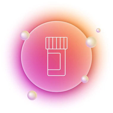 Beyaz ilaç şişesi ve beyaz arka planda izole edilmiş hap ikonu. Şişe hapı işareti. Eczane tasarımı. Turuncu ve pembe eğimli çember arka planı. Vektör.