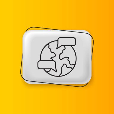 Siyah Dünya ikonu sarı arkaplanda izole edildi. Yerküreye iğnele. Gümüş dikdörtgen düğme. Vektör.