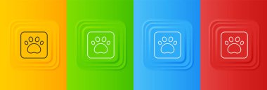 Beyaz Pençe yazdırma simgesi renkli arkaplanda izole edildi. Köpek ya da kedi pençesi izi. Hayvan izleri. Kare düğmelere simgeleri yerleştir. Vektör.