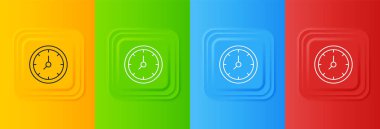 Renkli arkaplanda beyaz saat simgesi izole edildi. Zaman sembolü. Kare düğmelere simgeleri yerleştir. Vektör.