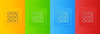 Beyaz NFT engelleme teknolojisi simgesi renkli arkaplanda izole edildi. Para iadesi olmayan jeton. Dijital kripto sanat konsepti. Kare düğmelere simgeleri yerleştir. Vektör.