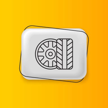 Sarı arka planda siyah araba tekerleği simgesi izole edildi. Gümüş dikdörtgen düğme. Vektör.