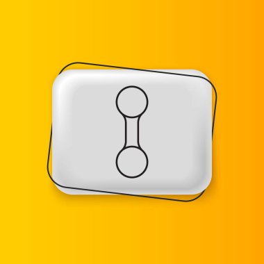 Sarı arka planda izole edilmiş siyah Dumbbell simgesi. Kas kaldırma, fitness halteri, spor malzemeleri. Gümüş dikdörtgen düğme. Vektör.