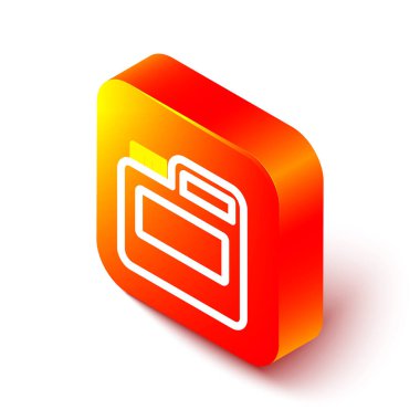 Beyaz arka planda Isometric çizgi boyası, guaj, kavanoz, boya ikonu var. Turuncu kare düğme. Vektör.