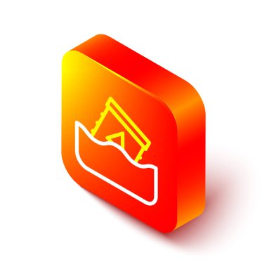 Beyaz arka planda izole edilmiş varil simgesindeki radyoaktif atık hattı. Sudaki toksik atık kirliliği. Çevre kirliliği. Turuncu kare düğme. Vektör.