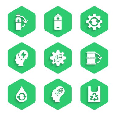 Yaprak fabrikasını vitese tak plastik torba Eko yakıt varili geri dönüşüm temiz su başı ve elektrik sembolü Gear okları iş akışı ve plastik şişe ikonunu geri dönüşüm kutusuna koy. Vektör.