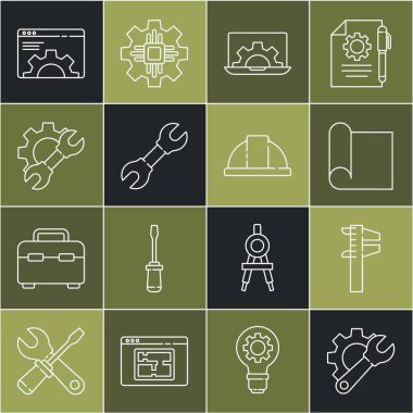 Satır anahtarı ve teçhizat Calliper 'ı ya da Laptop Tarayıcı ayarları ve İşçi Kaskı simgesi için Graphing kağıdını ayarlayın. Vektör.