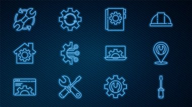 Satır Tornavida Konumunu İngiliz anahtarı anahtarı anahtarı manuel Algoritma Ev teçhizat anahtarı ve okları iş akışı dizüstü bilgisayarı ve Gear simgesi olarak ayarla. Vektör.