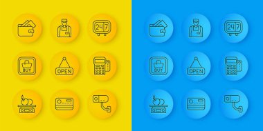 Ürün satın alma düğmesi asma işareti için elektronik teraziyi POS terminal kredi kartı cüzdanlı saat 24 saat ve satıcı simgesi ile ayarla. Vektör.