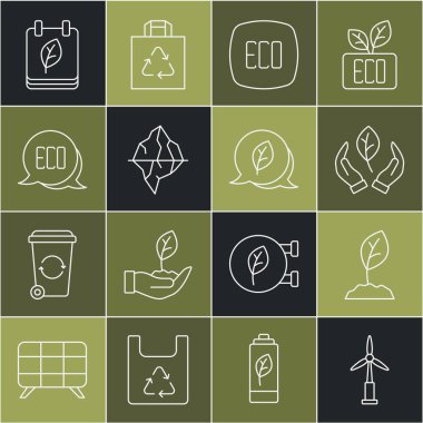 Rüzgar türbini Yaprak Yaprak Eko sembolü Iceberg Takvimi 'ni sonbahar yaprakları ve ikonuyla ayarla. Vektör.