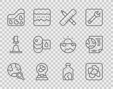 Küresel altın külçeli büyüteç, çapraz cetvel ve kalem sergisi mineralleri, zemin varil yağı madenciliği ve Dünya belge ikonu ile aynı hizaya getir. Vektör.