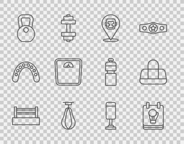 Hat çizgisi boks eldiveni kaskı Kum Torbası Banyo terazisi ve spor ikonu. Vektör.