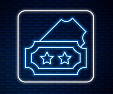 Parlayan neon hattı bilet simgesi tuğla duvar arka planında izole edildi. Eğlence parkı. Vektör.