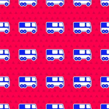 Mavi Otobüs simgesi kırmızı arkaplanda izole edilmiş kusursuz desen. Ulaşım konsepti. Otobüs turu nakliyesi. Turizm ya da kamu aracı sembolü. Vektör.