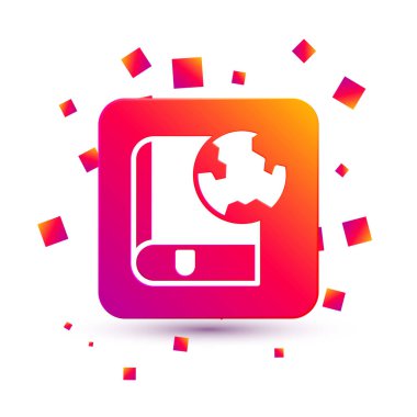 Beyaz Dünya küresi ve kitap ikonu beyaz arka planda izole edilmiş. Dünya ya da Dünya işareti. Küresel internet sembolü. Geometrik şekiller. Kare renk düğmesi. Vektör.