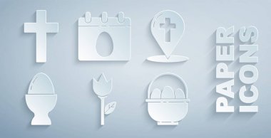 Çiçek lale haritası işaretçisini Paskalya yumurtası ve Paskalya yumurtası standına koy. Paskalya takvimi ve Hıristiyan ikonu. Vektör.