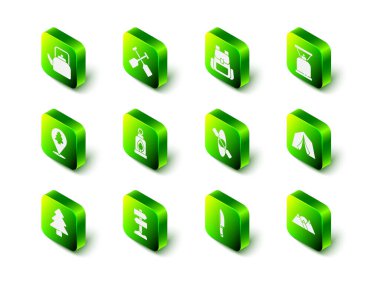 Paddle Hiking sırt çantası kamp gaz ocağı çadırı dağ kayağı veya kano bıçağı ve trafik levhası ikonu ayarla. Vektör.