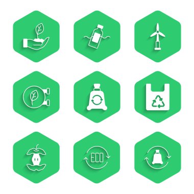 Çöp torbasını geri dönüşümlü Yaprak Eko sembolü, alışveriş merkezi rüzgar türbini ve bitki el ikonu ile ayarla. Vektör.