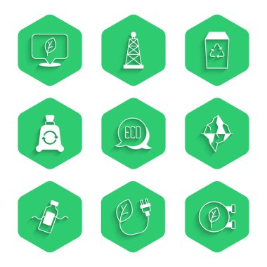 Yaprak atölyesi Iceberg 'e Yaprak Eko sembolü Elektrik Tasarruf Fişini Geri Dönüşüm kutusu ve Konum simgesiyle birlikte çöp poşeti sorunu olarak ayarla. Vektör.