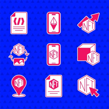 Mobil uygulamayı NFT sözleşmeli dijital şifreleme çubuğu grafiği ve ikili kod ikonu ile ayarla. Vektör.