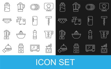 Manüel kahve öğütücüsü ölçme kabı şarap tirbuşon tabak süzgeç tuzu ve buzdolabı ikonu. Vektör.