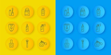 Tırnak cilası şişesi Epilatör Kremi losyonu kozmetik tüp parfüm Mascara fırçası şampuan şişesi ve terletici deodorant rulo ikonu. Vektör.