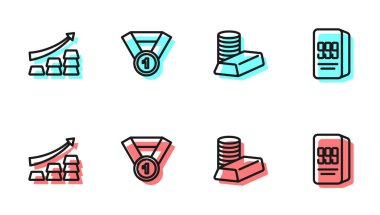 Altın külçeli altın sikke, ok büyütme madalyası ve 24 bin ikon. Vektör.