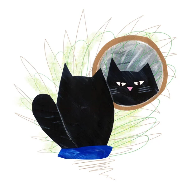Gato Negro Que Mira Espejo Bonito Cartel Dibujado Mano Ilustración — Foto de Stock