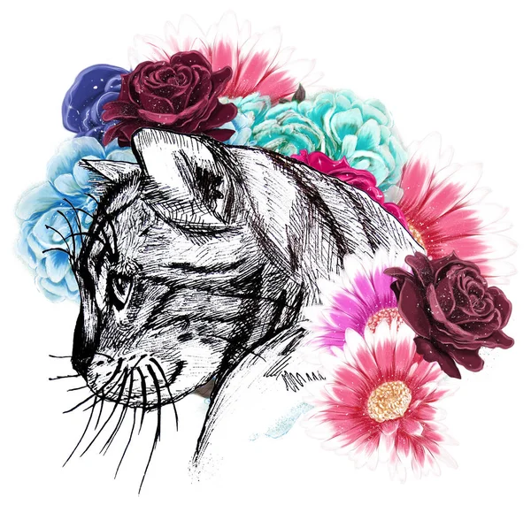 Zwart Wit Kat Met Bloemen Portret Handgetekende Illustratie — Stockfoto