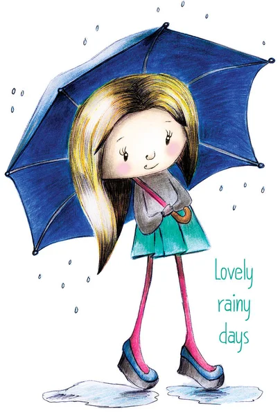 Roztomilá Dívka Dešti Deštníkem Textem Krásné Deštivé Dny — Stock fotografie