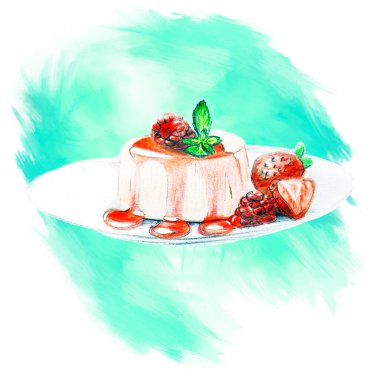 Panna Cotta suluboya efekt çizimi. İtalyan mutfağının tasviri.