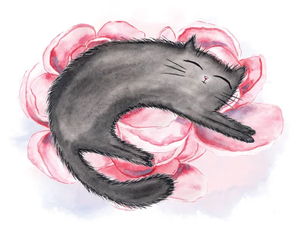 Tatlı Kedi Güzel Şakayıklar Tasarım Kartpostallar Pankartlar Amblemler Çizimler Için — Stok fotoğraf