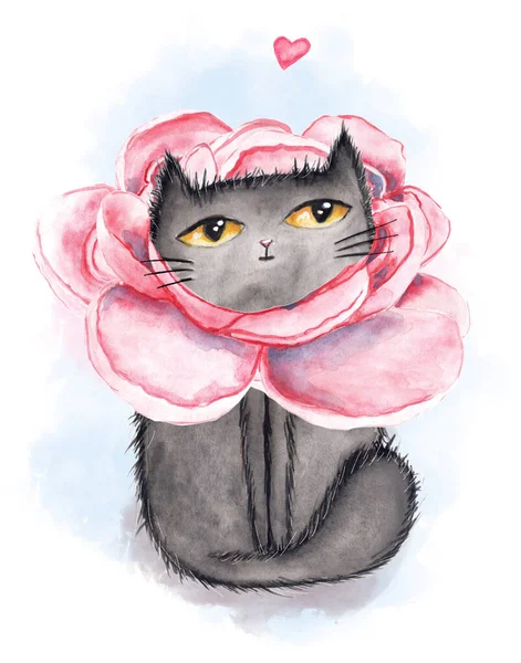 Aquarelle Chat Mignon Belles Pivoines Aquarelle Botanique Pivoines Pour Conception — Photo