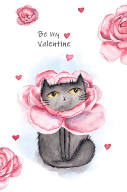 Tatlı kedi ve güzel şakayıklar. Tasarım, kartpostallar, pankartlar, amblemler, kartlar için suluboya Sevgililer Günü kedileri ve şakayıklar