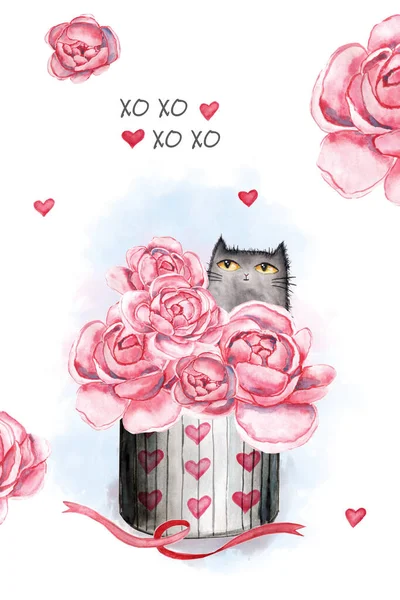 Akvarel Roztomilý Kočka Krásné Pivoňky Akvarel Valentýn Kočky Pivoňky Pro — Stock fotografie