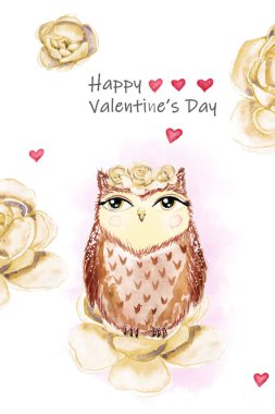 Tatlı baykuş ve güzel şakayıklar. Suluboya Sevgililer Günü baykuşu ve tasarım, kartpostallar, pankartlar, amblemler, kartlar için şakayıklar