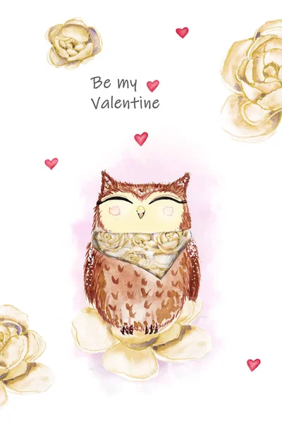 Tatlı Baykuş Güzel Şakayıklar Suluboya Sevgililer Günü Baykuşu Tasarım Kartpostallar — Stok fotoğraf