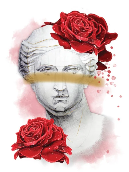 Venus Hoofd Standbeeld Met Een Rode Rozen Bloemen Een Witte — Stockfoto