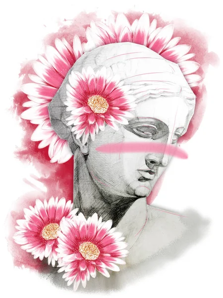 Statua Diana Testa Con Fiori Gerbere Rosa Sfondo Bianco Illustrazione — Foto Stock