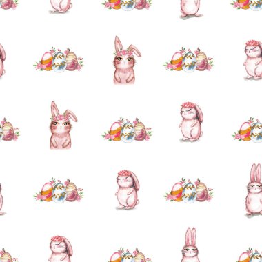 Tatlı tavşanlı suluboya çizimler, pembe şakayık çiçekleri ve beyaz arka planda izole edilmiş paskalya yumurtaları. Dekor yazdırmak için kusursuz desen