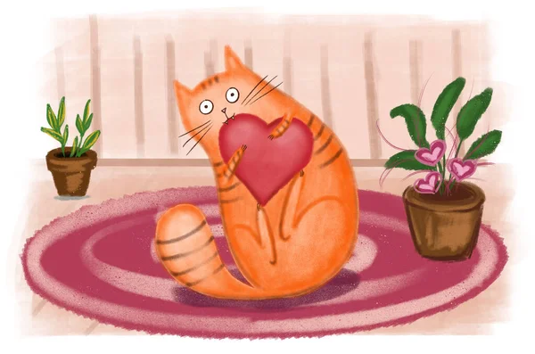 Lindo Gato Jengibre Jugar Con Corazón Ilustración Dibujada Mano Digital — Foto de Stock