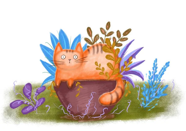 Söt Ingefära Katt Sitter Blomkruka Digital Handritad Illustration — Stockfoto