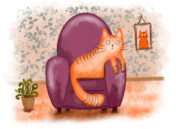 Lindo Gato Jengibre Sentarse Sillón Rosa Ilustración Dibujada Mano Digital — Foto de Stock